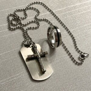 Men Stainless Steel Dog Tag and Cable Cross Pendant Combo 22 in + Ring Size 10